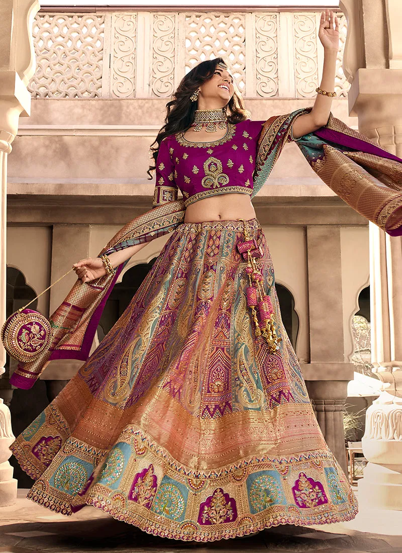 Purple Multi Embroidery Wedding Lehenga Choli With Belt