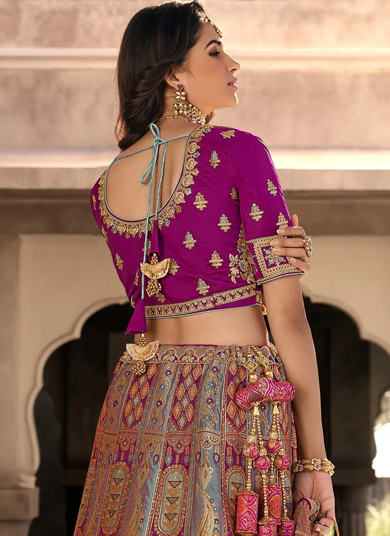Purple Multi Embroidery Wedding Lehenga Choli With Belt