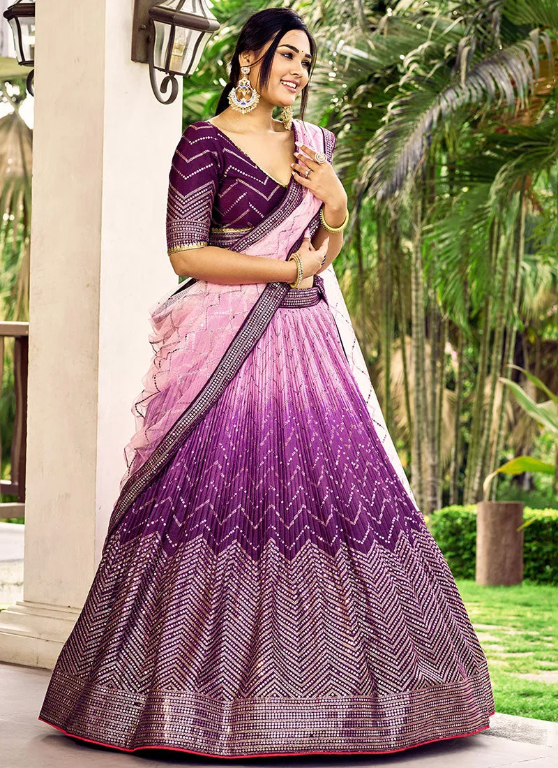 Purple Ombré Sequence And Thread Embroidery Wedding Lehenga