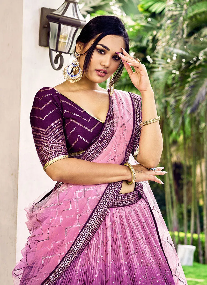 Purple Ombré Sequence And Thread Embroidery Wedding Lehenga