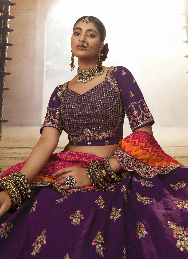 Purple Orange Embroidery Viscose Lehenga Choli