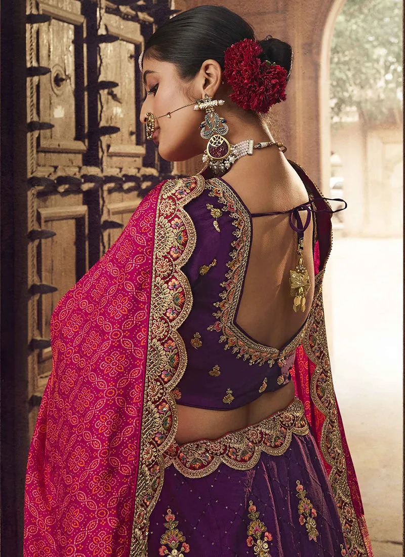 Purple Orange Embroidery Viscose Lehenga Choli