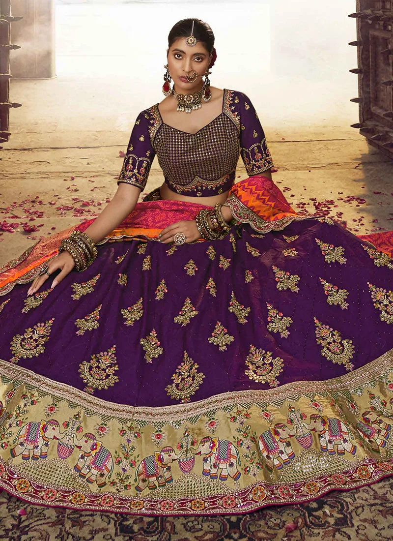 Purple Orange Embroidery Viscose Lehenga Choli