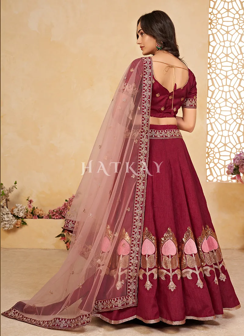 Red Embroidered Partywear Silk Lehenga Choli