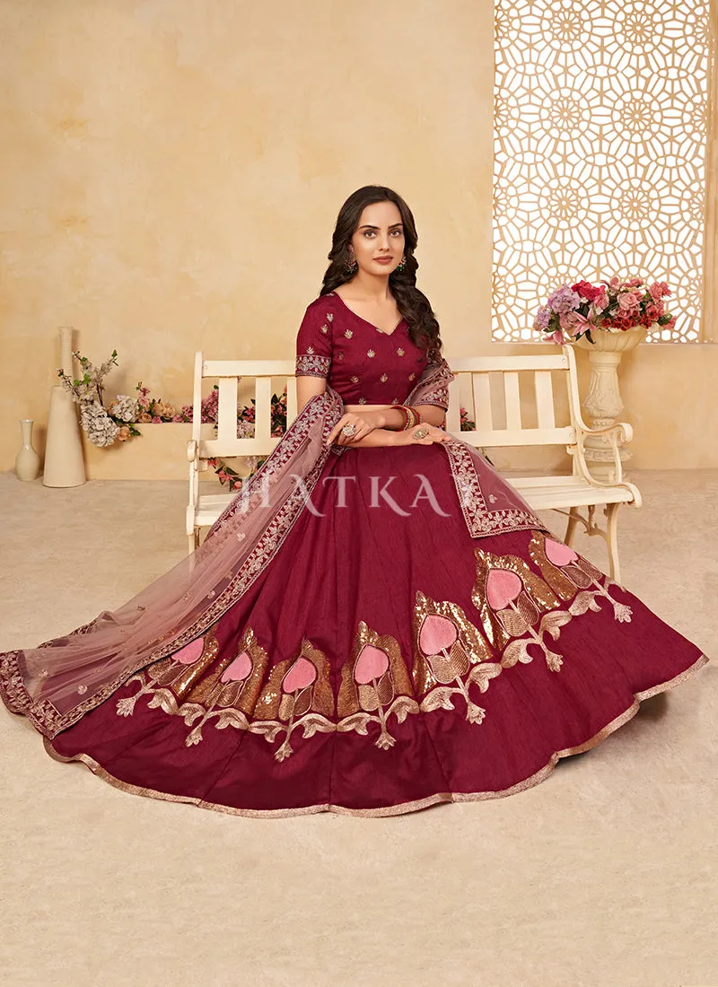 Red Embroidered Partywear Silk Lehenga Choli