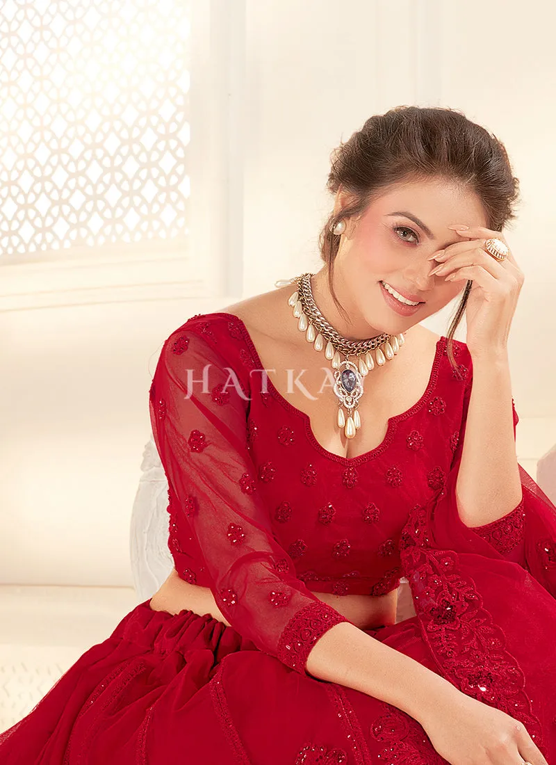 Red Embroidered Wedding Style Net Lehenga Choli