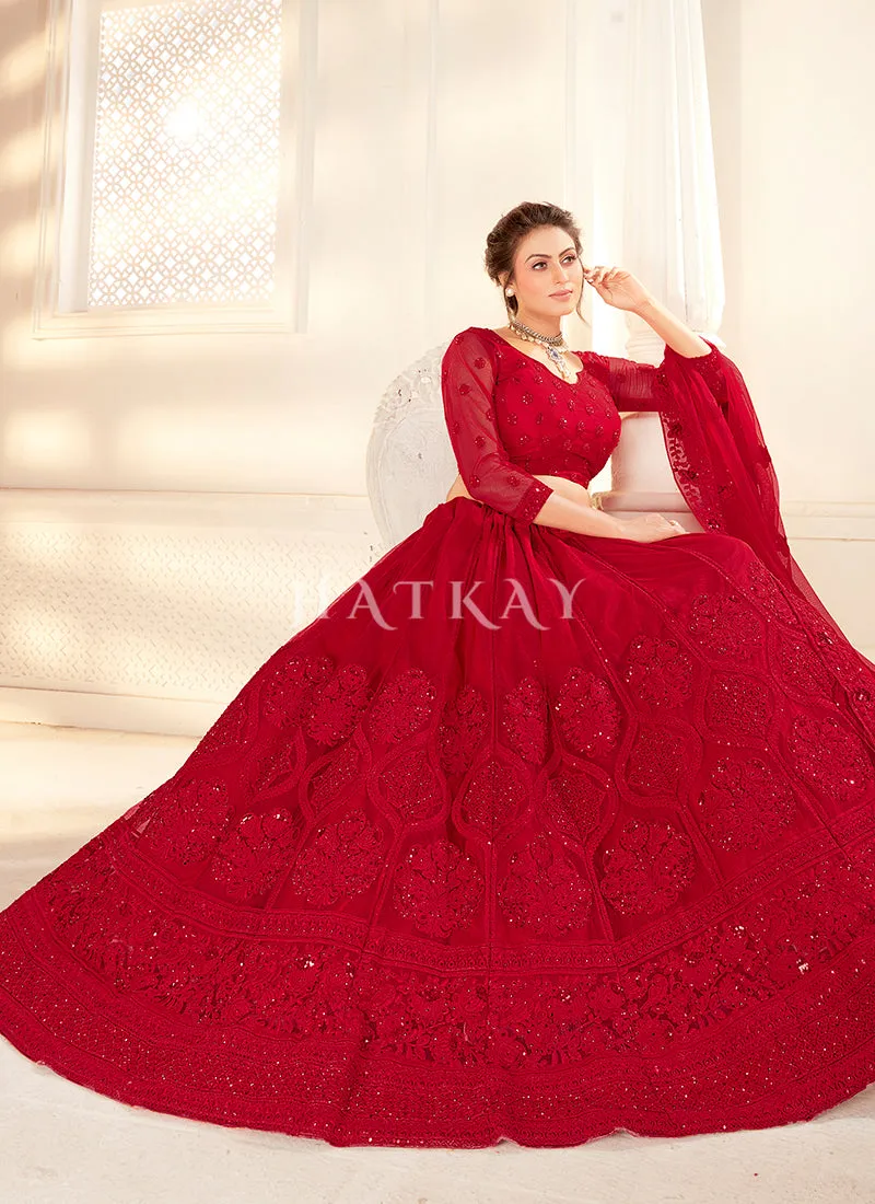 Red Embroidered Wedding Style Net Lehenga Choli