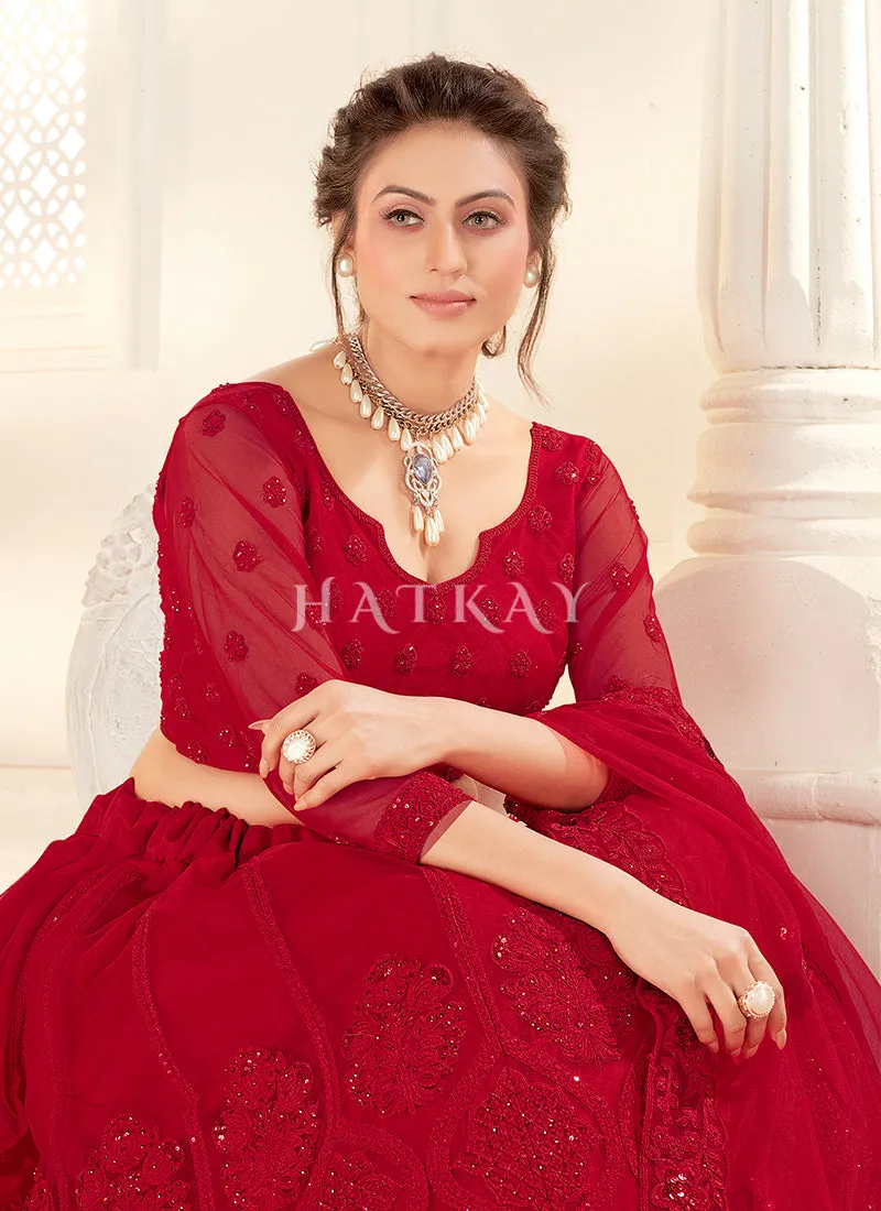 Red Embroidered Wedding Style Net Lehenga Choli