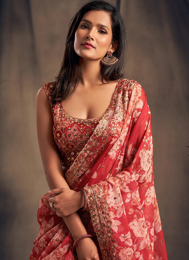 Red Golden Floral Printed Lehenga Choli