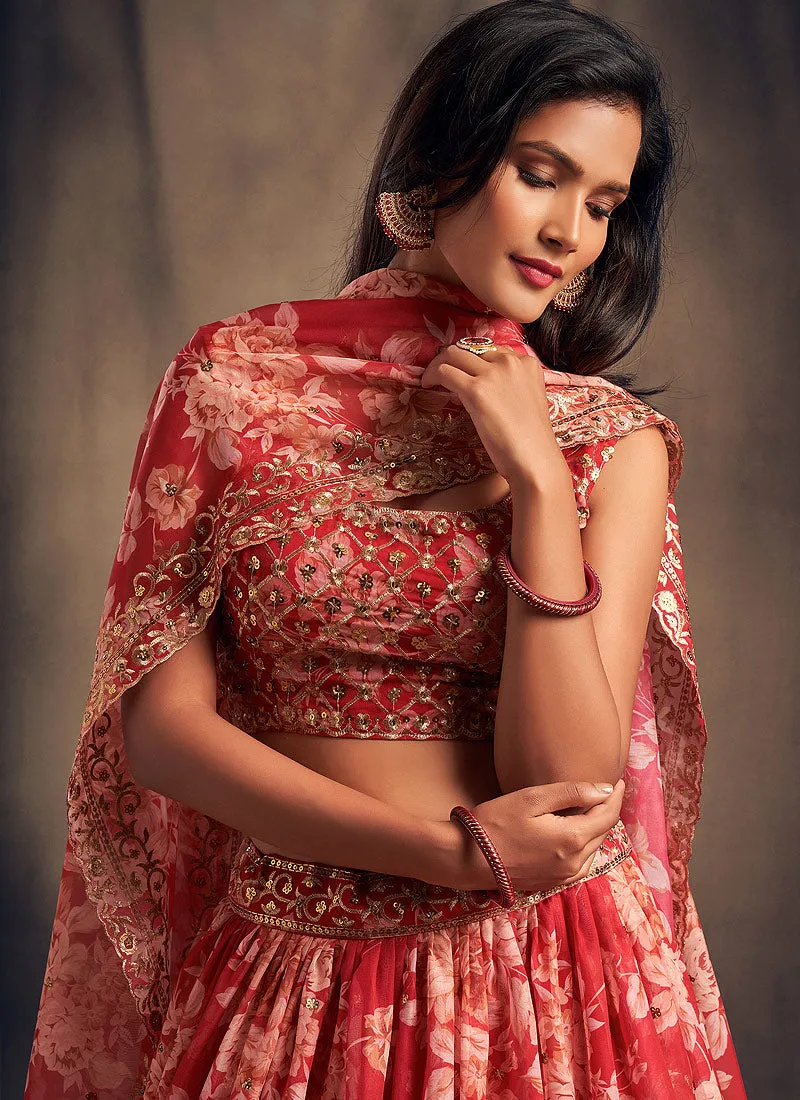Red Golden Floral Printed Lehenga Choli