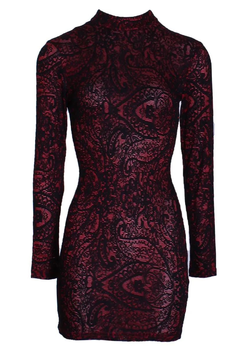 Red High Neck Long Sleeved Printed Bodycon Dress