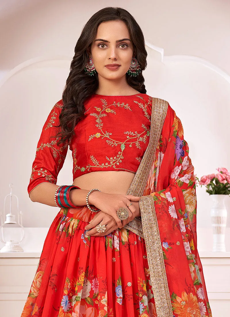 Red Sequence Embellished Floral Lehenga Choli