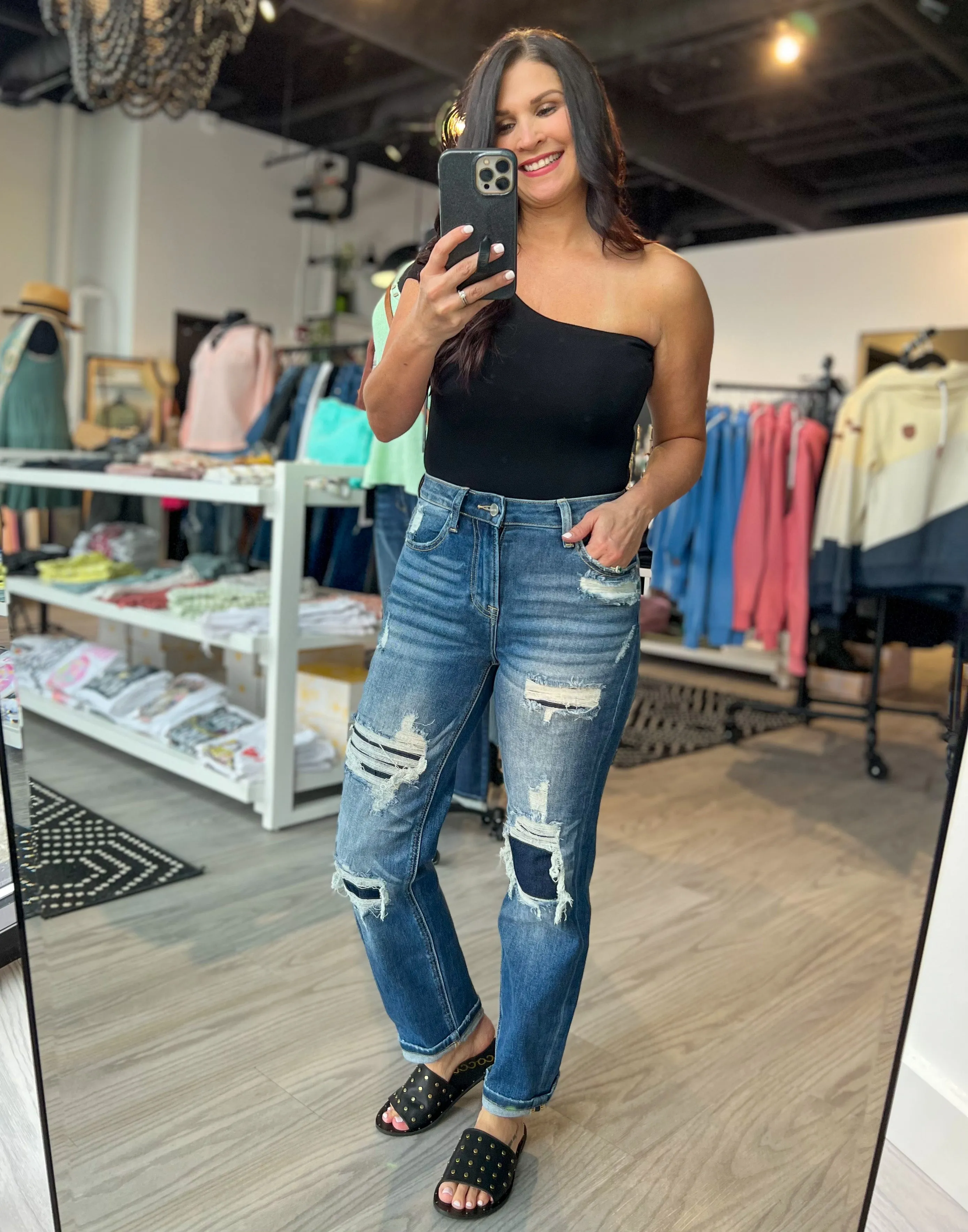 Risen High Rise Patched Straight Jeans