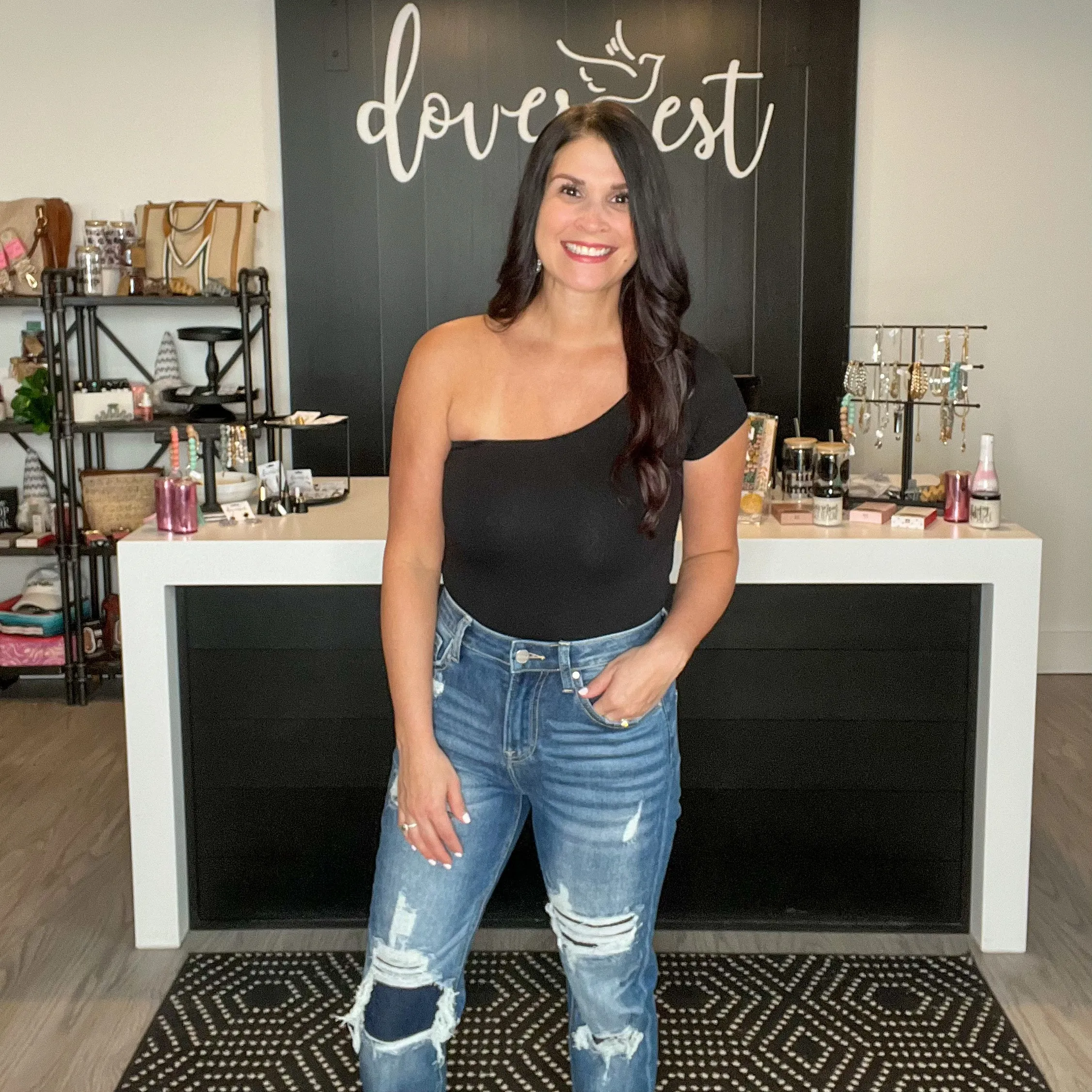 Risen High Rise Patched Straight Jeans