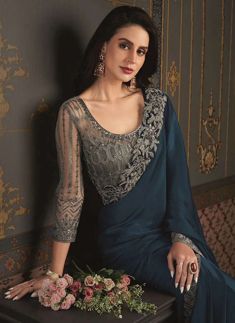 Royal Blue Sequence Embroidery Designer Silk Saree