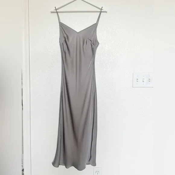 Rumored Simple Minimalistic Midi 90's Satin Slip Dress in Gunmetal Grey Medium