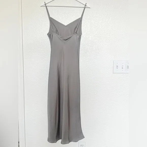 Rumored Simple Minimalistic Midi 90's Satin Slip Dress in Gunmetal Grey Medium