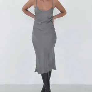 Rumored Simple Minimalistic Midi 90's Satin Slip Dress in Gunmetal Grey Medium