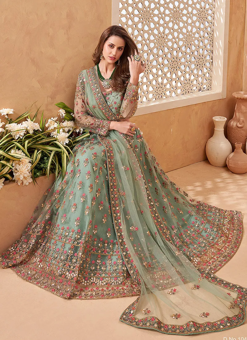 Sage Green Multi Embroidered Designer Weddinng Lehenga Choli