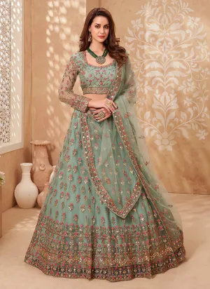 Sage Green Multi Embroidered Designer Weddinng Lehenga Choli