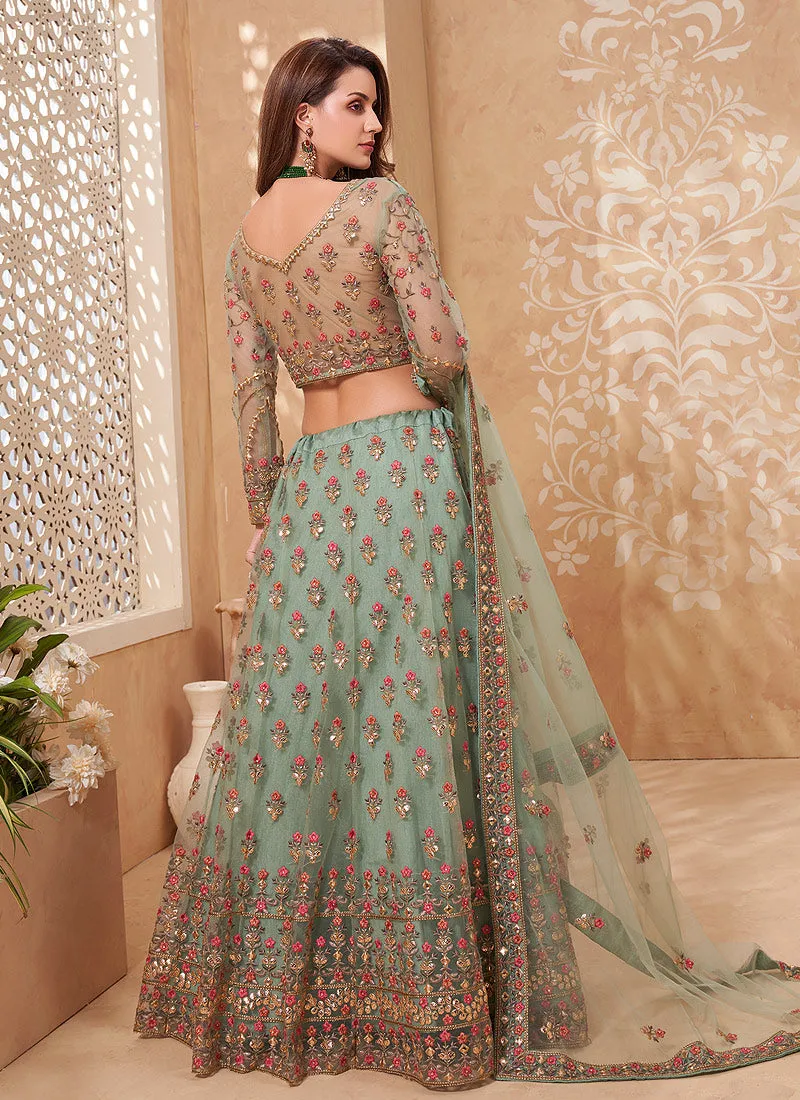 Sage Green Multi Embroidered Designer Weddinng Lehenga Choli