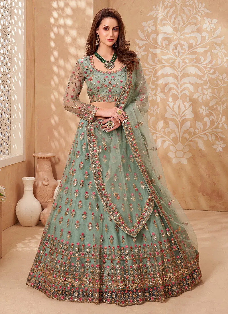 Sage Green Multi Embroidered Designer Weddinng Lehenga Choli