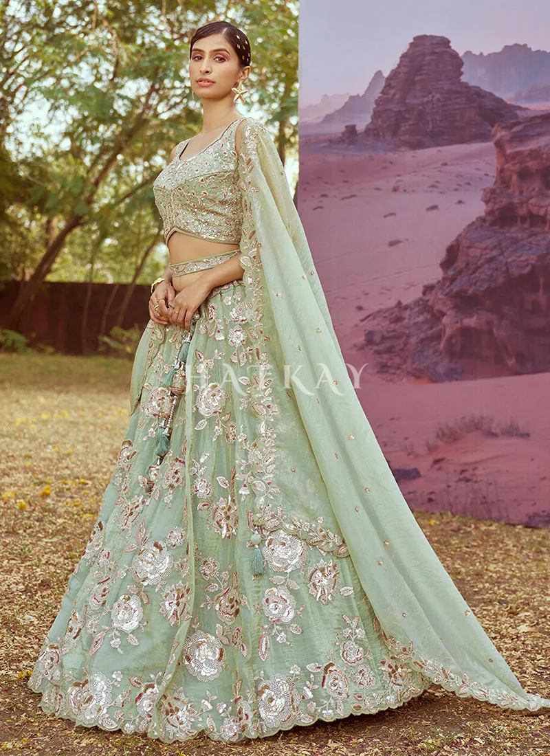 Sage Green Multi Embroidery Bridal Lehenga Choli