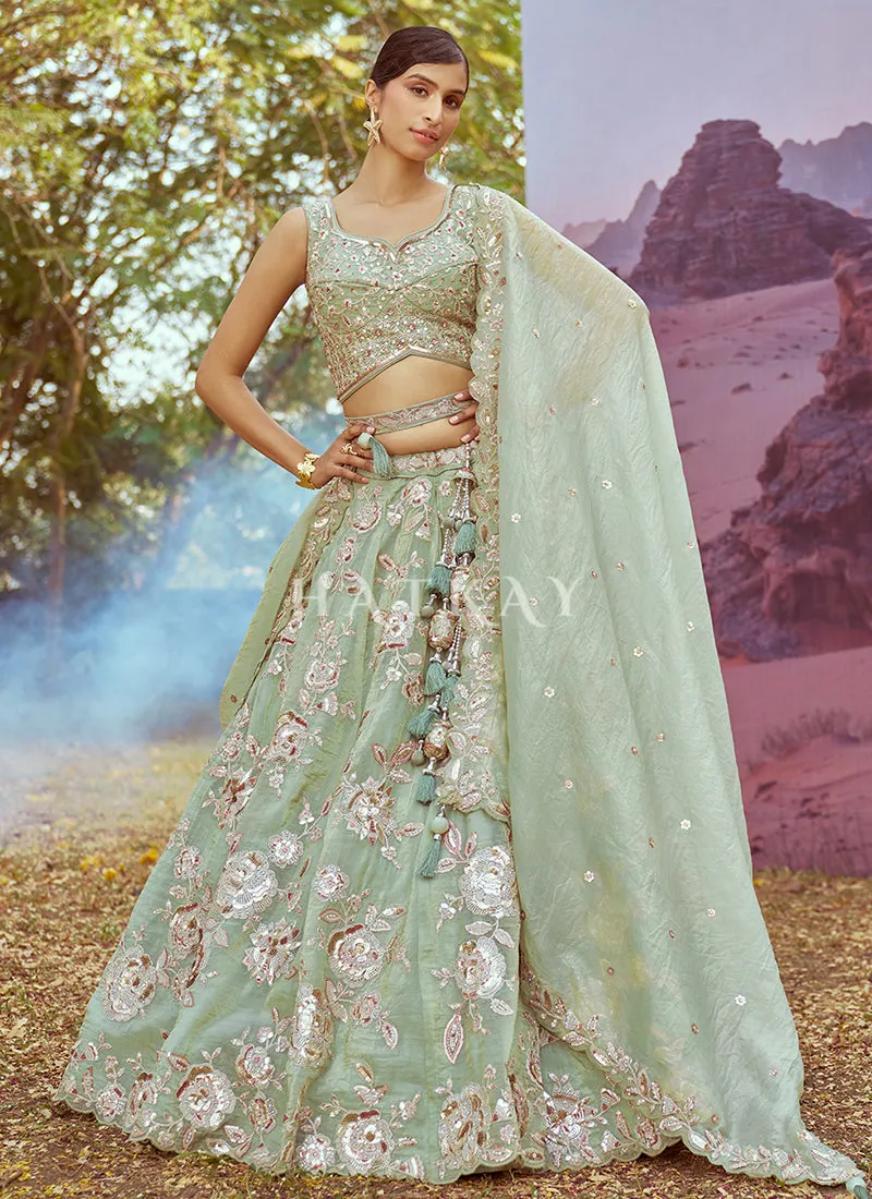 Sage Green Multi Embroidery Bridal Lehenga Choli