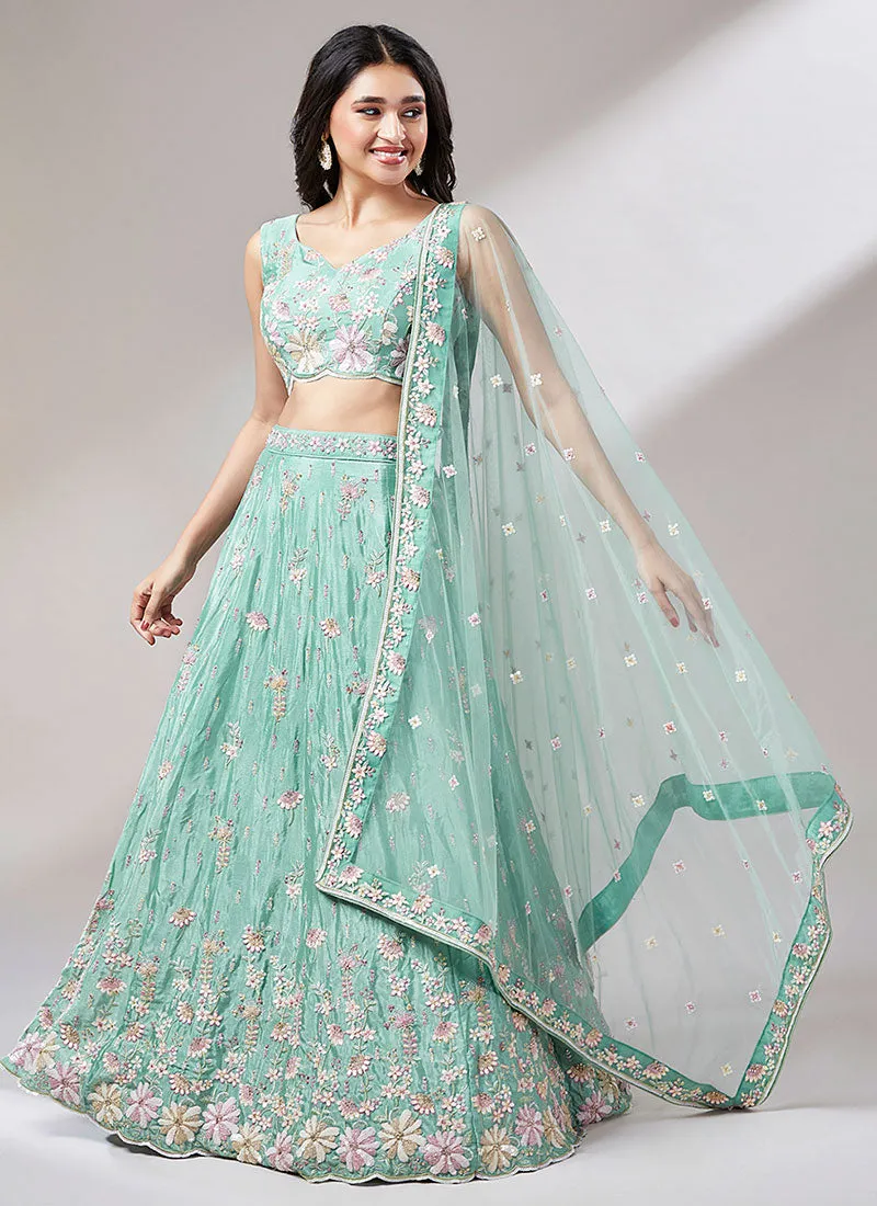 Sea Green Multi Embroidery Lehenga Choli And Dupatta
