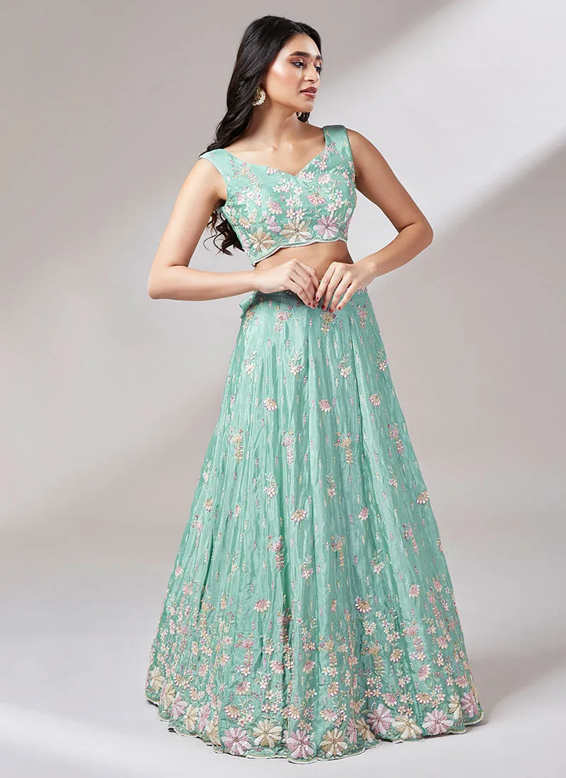 Sea Green Multi Embroidery Lehenga Choli And Dupatta