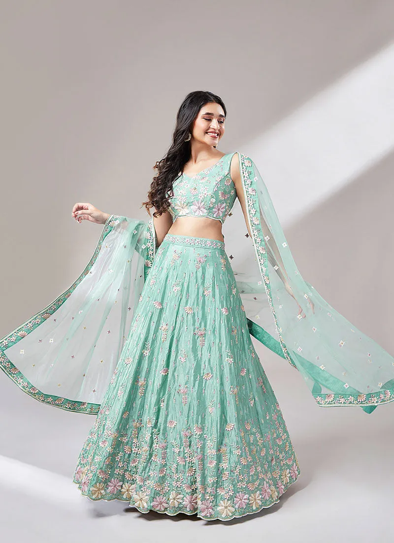 Sea Green Multi Embroidery Lehenga Choli And Dupatta