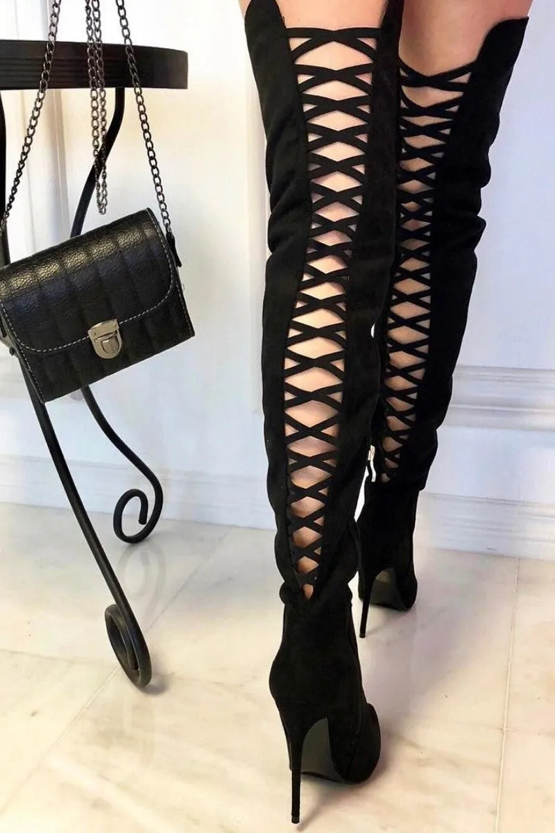 Sexy Suede Back Lace Thigh High Boots