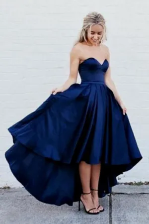 Simple Sweetheart Sleeveless High-Low Navy Blue Prom Dress with Pleats LPD061