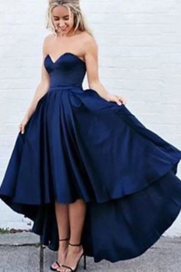 Simple Sweetheart Sleeveless High-Low Navy Blue Prom Dress with Pleats LPD061