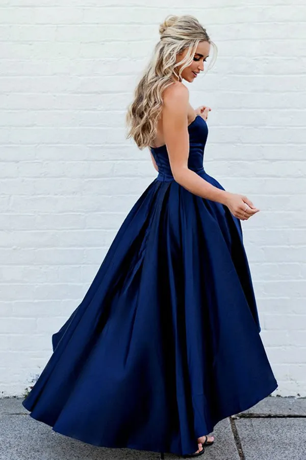 Simple Sweetheart Sleeveless High-Low Navy Blue Prom Dress with Pleats LPD061