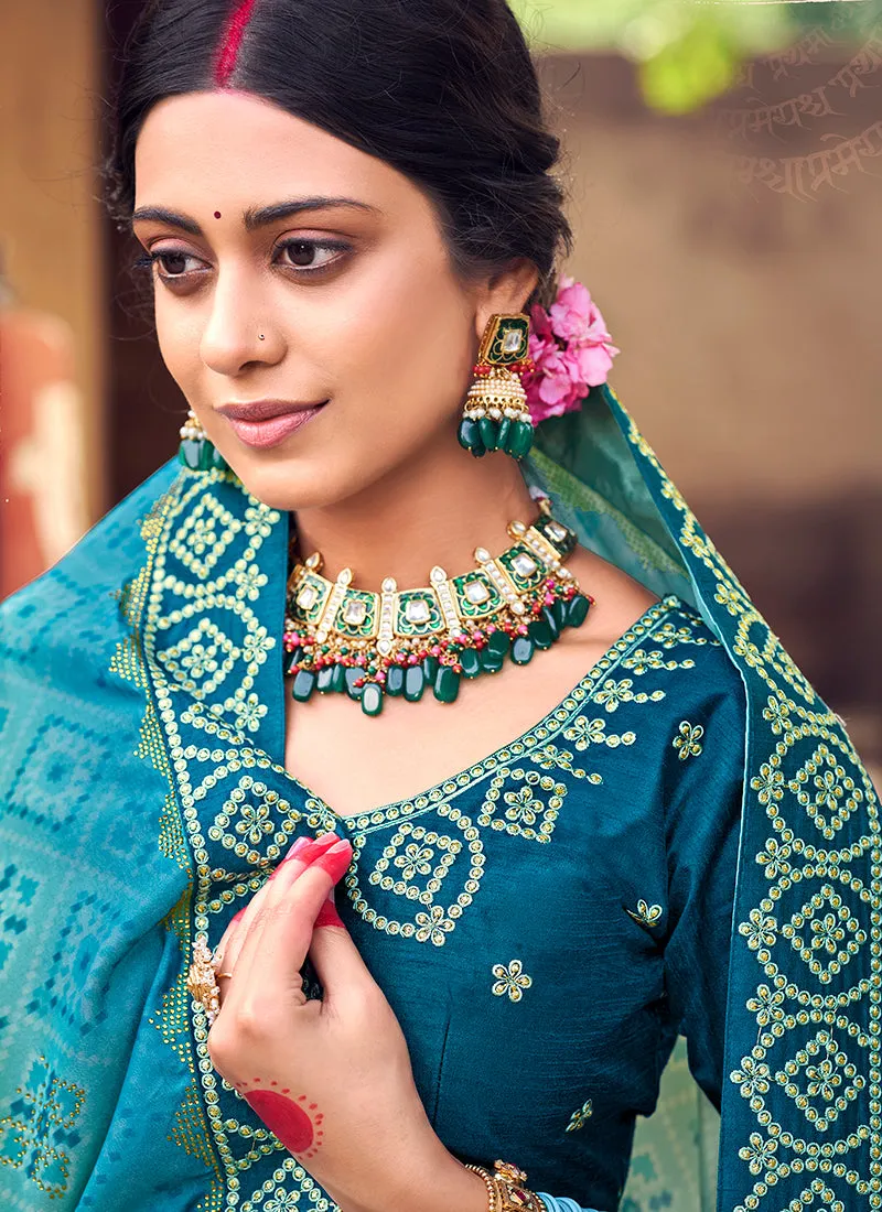 Sky Blue Digital Prints And Soraski Work Silk Saree