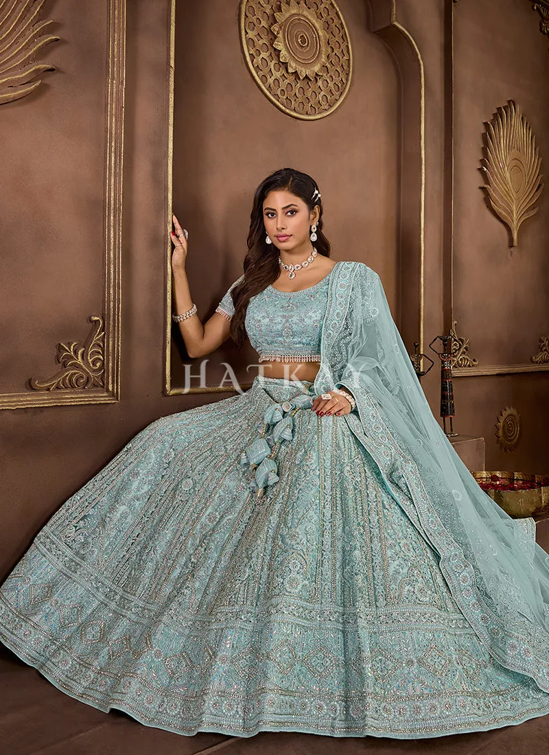 Sky Blue Embroidered Wedding Lehenga Choli