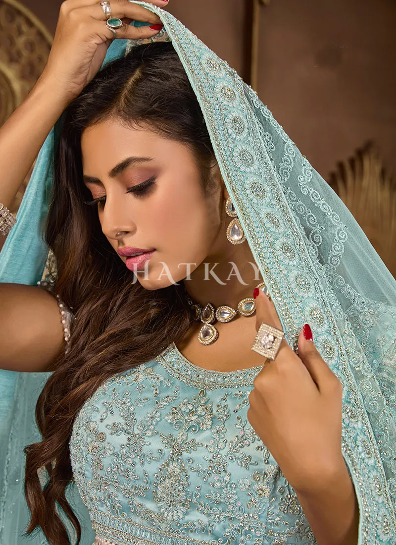 Sky Blue Embroidered Wedding Lehenga Choli