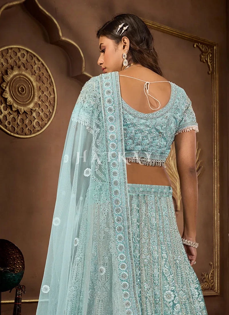 Sky Blue Embroidered Wedding Lehenga Choli