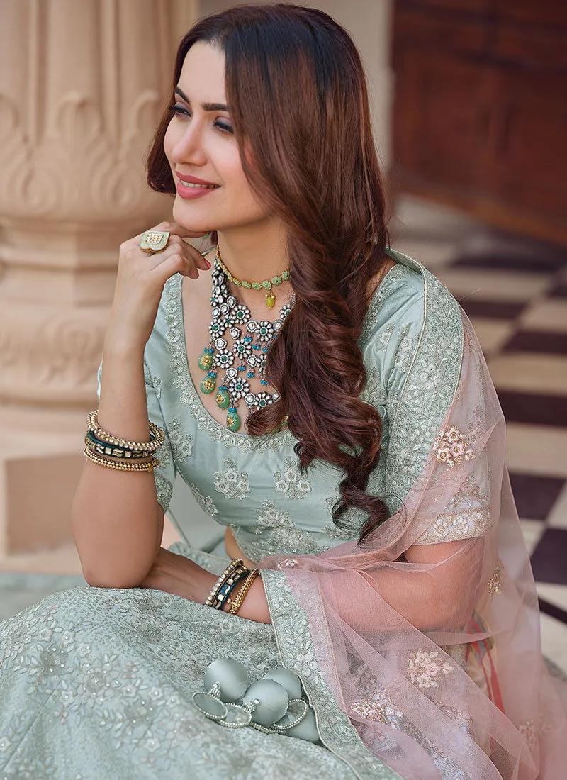Sky Blue Multi Embroidery Wedding Lehenga Choli With Dupatta