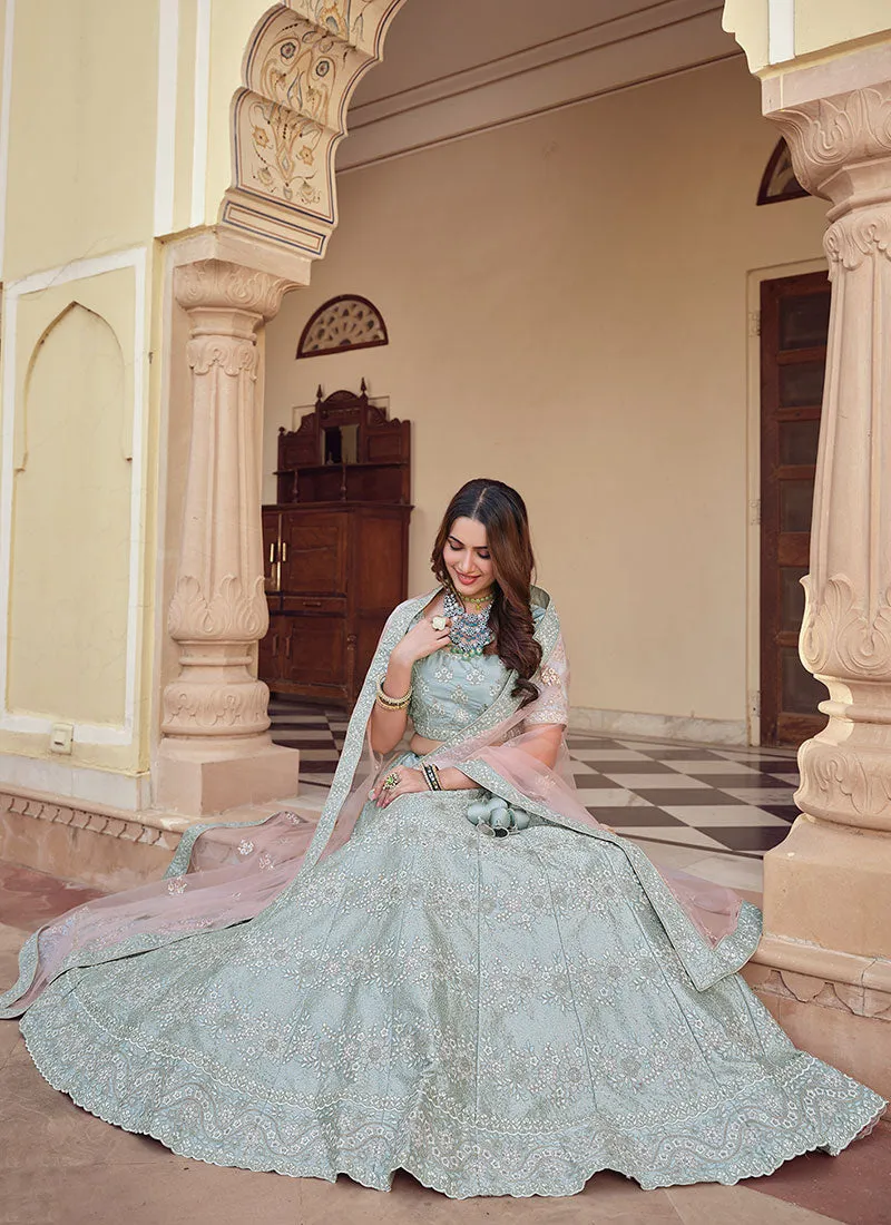 Sky Blue Multi Embroidery Wedding Lehenga Choli With Dupatta