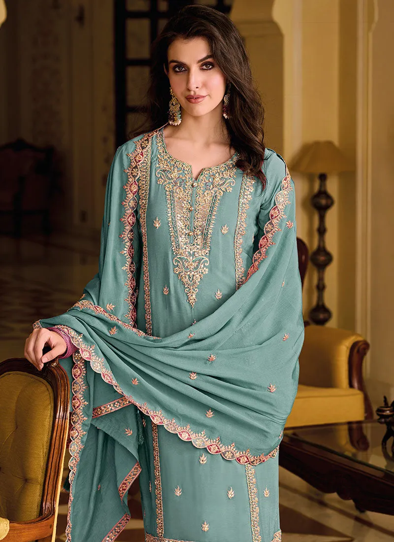 Sky Blue Sequence Embroidery Designer Pant Style Suit