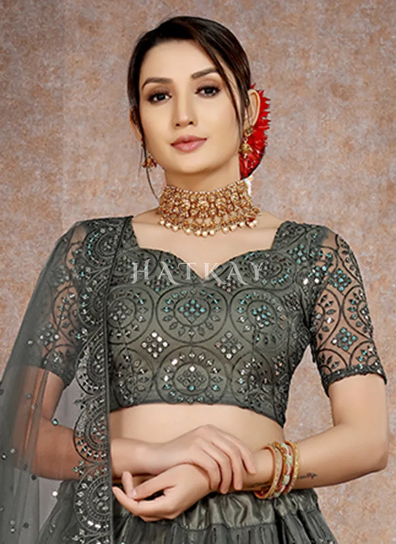 Slate Grey Mirror Work Embroidery Net Lehenga Choli