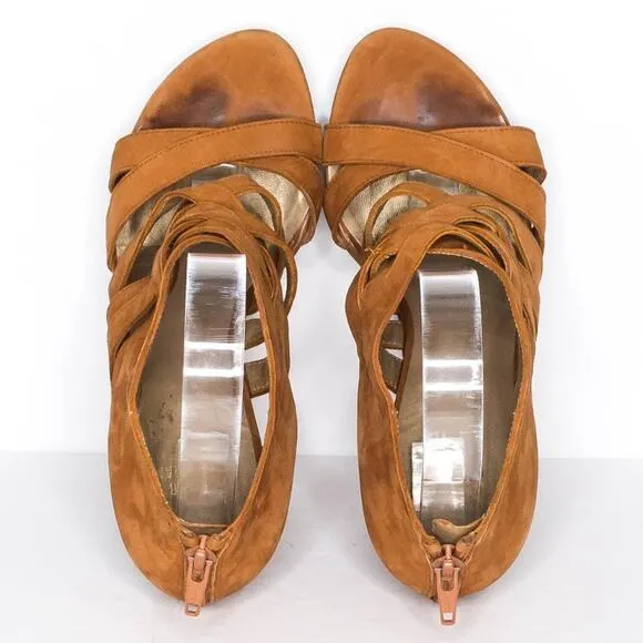 Stuart Weitzman Women's Strappy High Heels Zip Brown Size 7.5 | AQ