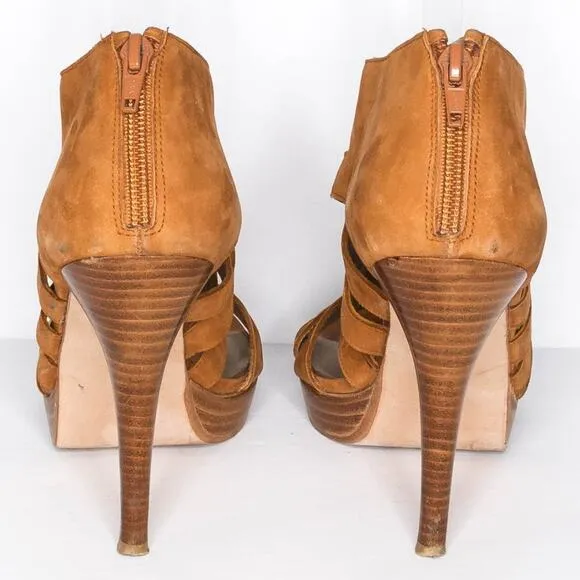 Stuart Weitzman Women's Strappy High Heels Zip Brown Size 7.5 | AQ