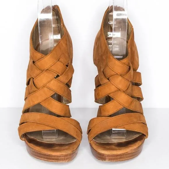 Stuart Weitzman Women's Strappy High Heels Zip Brown Size 7.5 | AQ