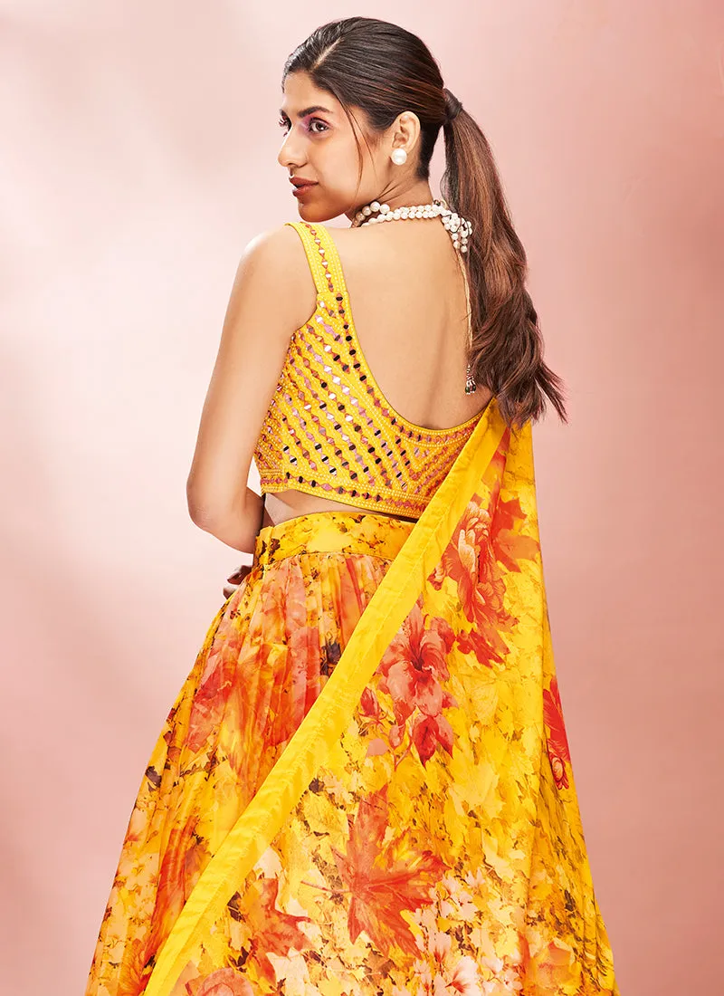 Tangerine Floral Embroidered Lehenga Choli