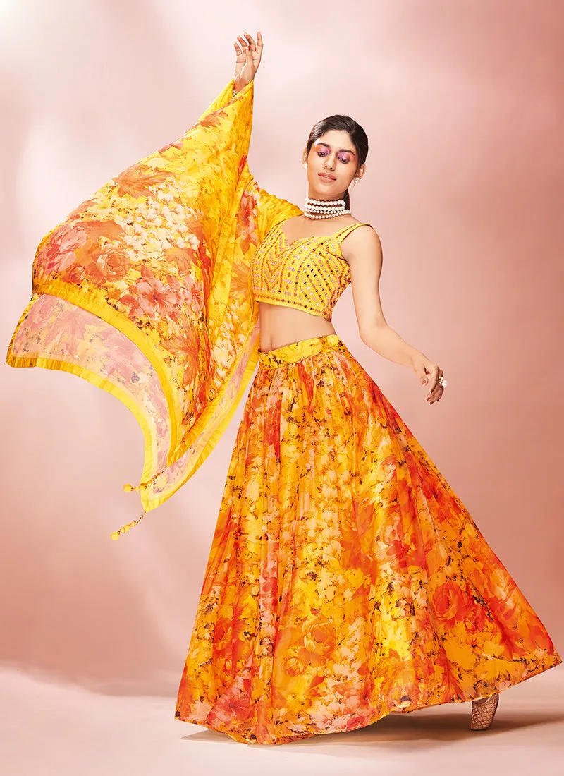 Tangerine Floral Embroidered Lehenga Choli