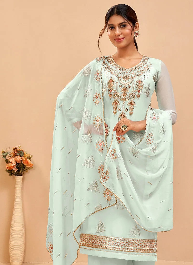 Teal Blue Embroidered Pakistani Pant Suits