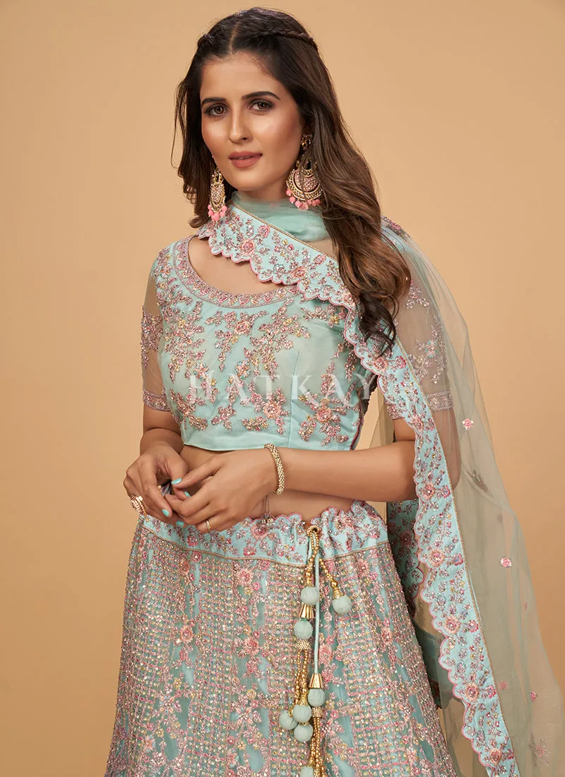 Teal Blue Multi Embroidered Wedding Lehenga Choli